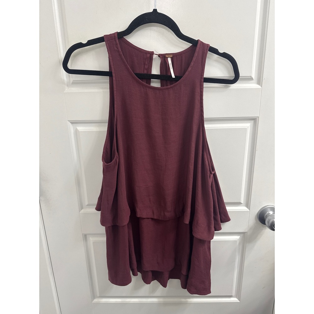Free People Cold Shoulder Tiered Ruffle Tank Top Burgundy Wine Small OB491859